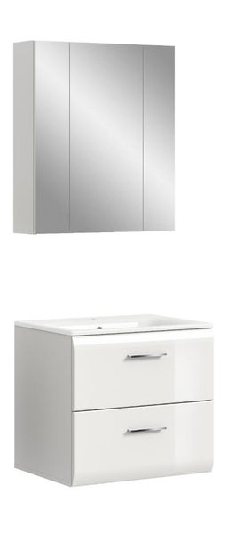 Badezimmermöbel-Set bestehend aus einem dreitürigen Spiegelschrank und einem weißen Waschtischunterschrank mit zwei Schubladen und Waschbecken.