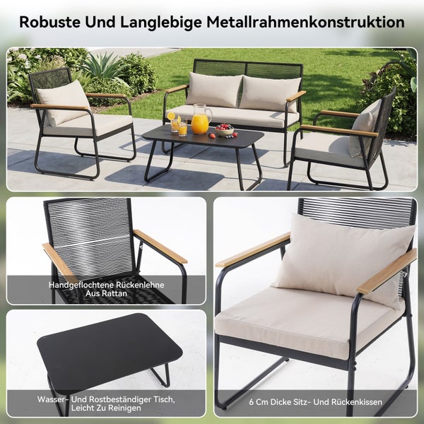 Modernes Gartenmöbel-Set mit Sofa, zwei Sesseln und Tisch. Robuster Metallrahmen, handgeflochtene Rattan-Rückenlehnen und 6 Zentimeter dicke Kissen.