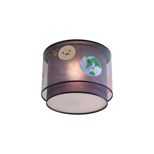 Runde Deckenleuchte fürs Kinderzimmer mit doppellagigem Schirm und Weltraum-Motiven wie lachenden Planeten und Sternen.