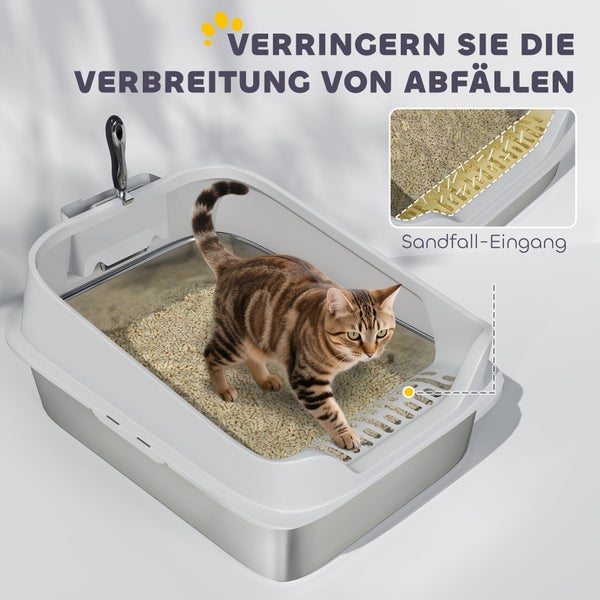 Katzentoilette aus Edelstahl mit Kunststoffaufsatz, Schaufel und perforiertem Rand zur Reduzierung der Streuverteilung.