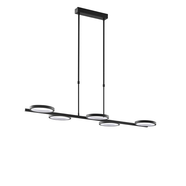 Moderne LED Pendelleuchte mit fünf runden Lichtelementen an einer schlanken, länglichen Aufhängung zur Beleuchtung von Esstischen.