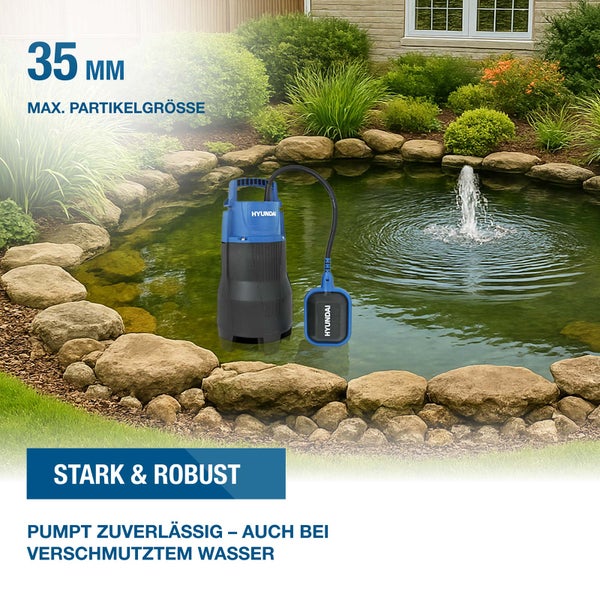 Hyundai Schmutzwasser-Tauchpumpe mit Schwimmerschalter in einem Gartenteich, maximale Partikelgröße 35 Millimeter, zuverlässig bei verschmutztem Wasser.