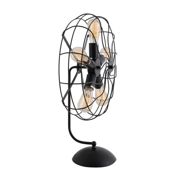 Tischleuchte im Industriedesign mit Lampenschirm in Form eines Ventilators