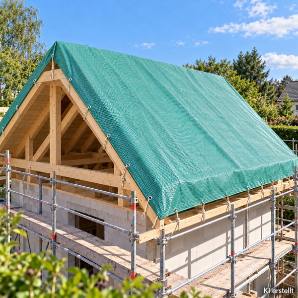 Baugerüst an einem Hausneubau mit Holzdachstuhl, der mit einer Schutzplane abgedeckt ist.