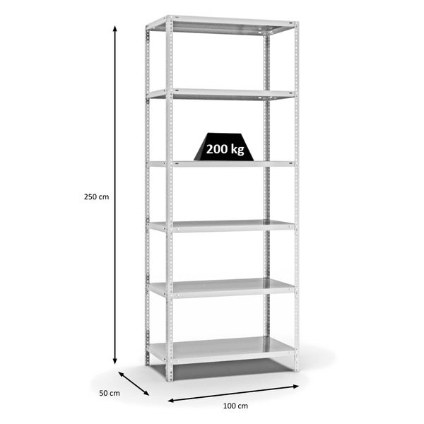PROREGAL Fachbodenregal Schraubsystem Medium-Duty Grundregal HxBxT 250 x 100 x 50 cm 6 Ebenen Fachlast 200 kg Beidseitig Nutzbar Lichtgrau