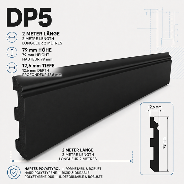 Sockelleiste DP5 aus hartem Polystyrol, 2 Meter lang, 79 mm hoch und 12,6 mm tief.
