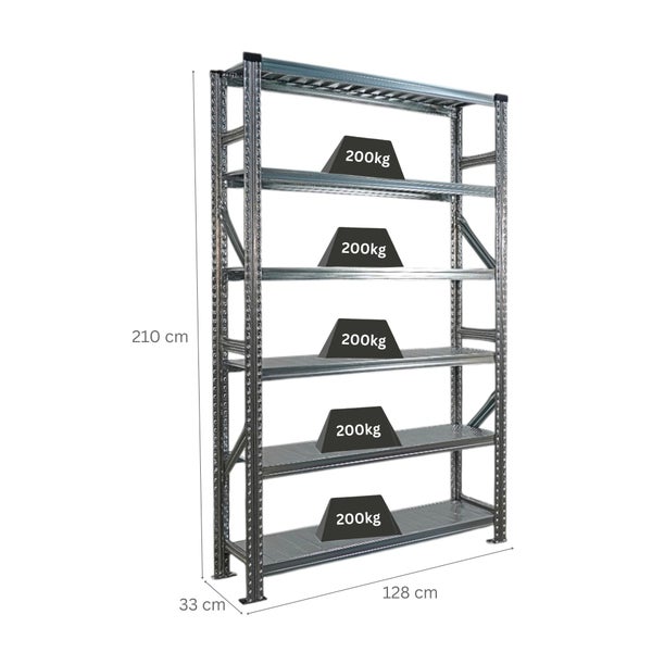 Metallregal mit fünf Regalböden und einer Traglast von 200 Kilogramm pro Boden, Abmessungen 210 x 128 x 33 Zentimeter