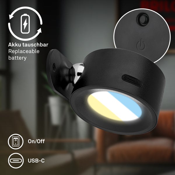Schwarzer Akku-Wandspot mit austauschbarem Akku, Ein-Aus-Schalter, USB-C Anschluss, Kugelgelenk und einstellbarer Lichtfarbe.