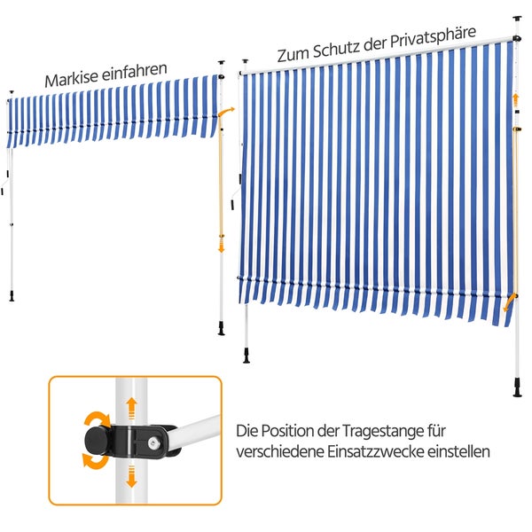 Freistehende Markise mit blau-weissen Streifen in zwei Konfigurationen: als Markise und als Sichtschutz.