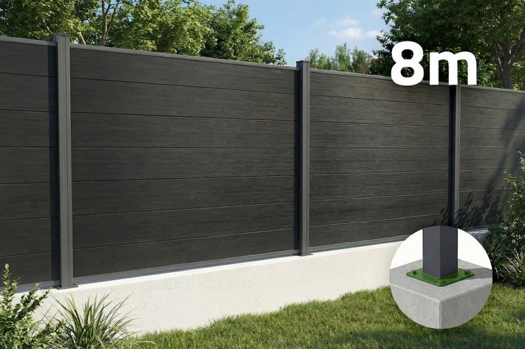 Sichtschutzzaun in Anthrazit mit Holzoptik, 8 Meter Länge, auf Betonsockel montiert, inklusive Detailansicht der Pfostenbefestigung.