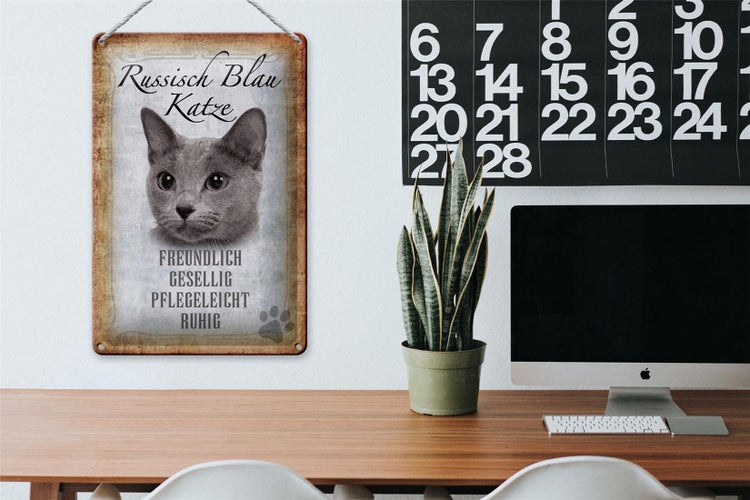 Blechschild Spruch 20x30cm russisch blau Katze Schild