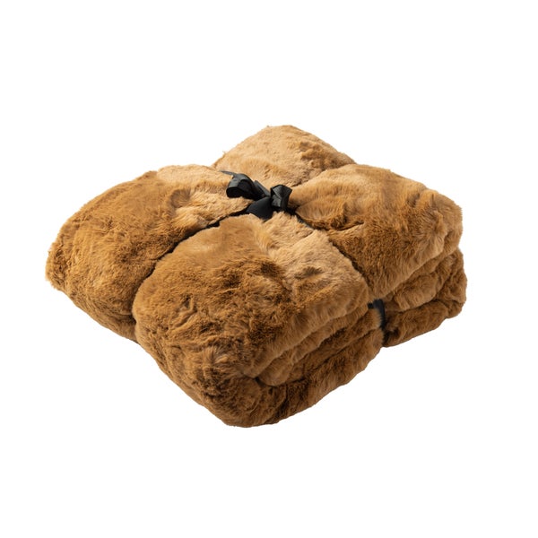 Zusammengelegte braune Kuscheldecke mit schwarzem Band