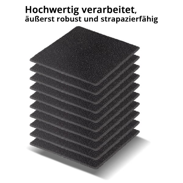 Stapel aus quadratischen, robusten schwarzen Gummigranulat-Pads für Bautenschutz und Unterlage.