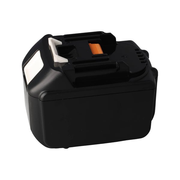 Akku für Elektrowerkzeuge aus schwarzem Kunststoff mit weißem Entriegelungsknopf.