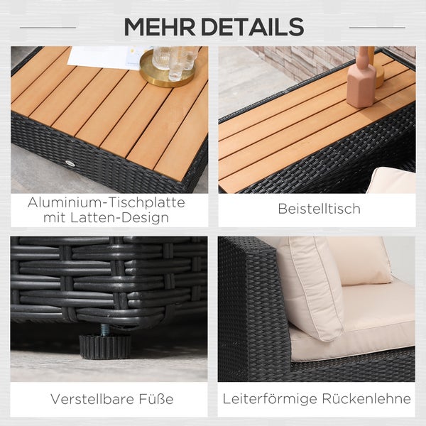 Details von Gartenmöbeln: Aluminiumtischplatte in Lattenoptik, Beistelltisch, verstellbare Füße und leiterförmige Rückenlehne mit Polstern.