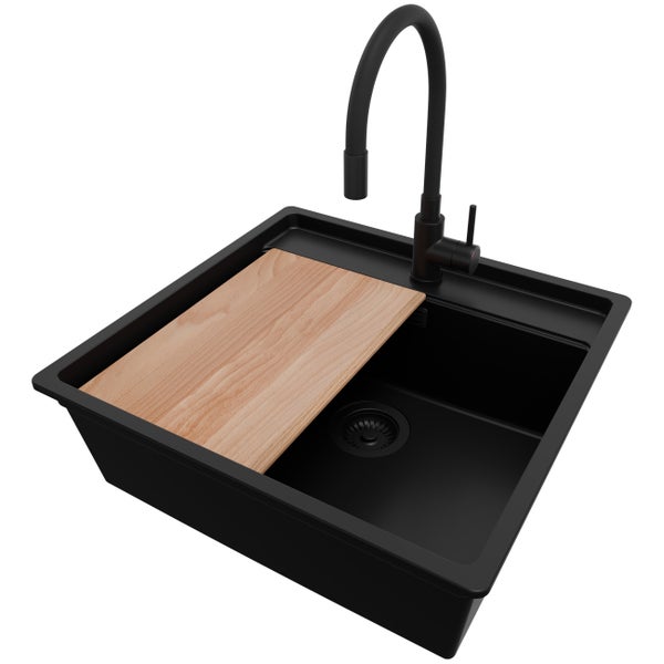 PRIMAGRAN Granitspüle Alles Schwarz 56x53cm, Eckspüle 1 Becken + Küchenarmatur 40x38cm + Ablauf-Set + Schneidebrett, Küchenspüle ab 60er Unterschrank - Bergen