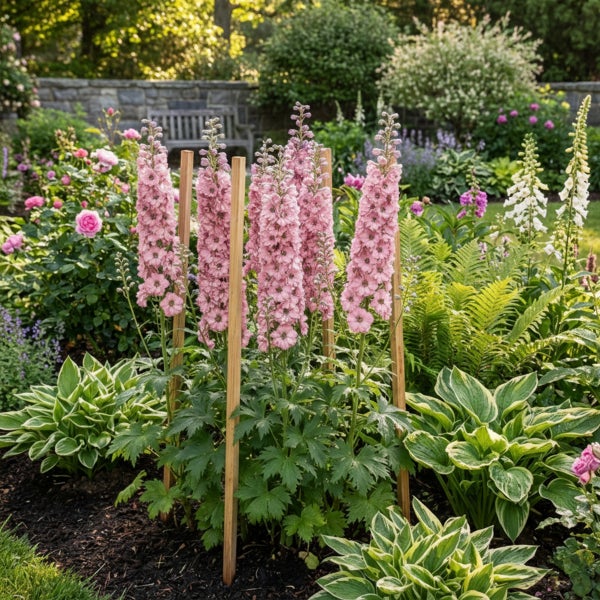 Hoher Rittersporn mit rosa Blüten an Holzstäben in einem üppig bepflanzten Garten mit Funkien, Farnen und Steinmauer im Hintergrund.