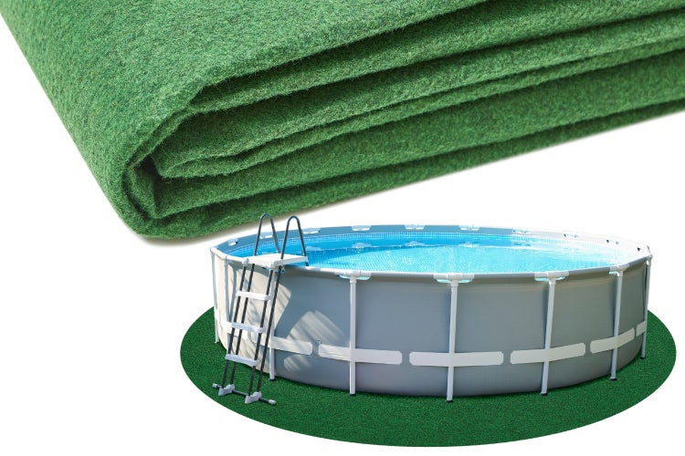 Grünes Pool-Bodenschutzvlies für Aufstellpools, Detailansicht des gefalteten Materials und Anwendung unter einem runden Pool mit Leiter.