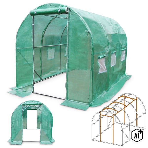 Folientunnel mit Metallrahmen für den Garten, inklusive Seitfenstern und Tür, ideal zur Anzucht von Pflanzen.