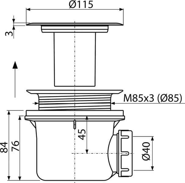 Explosionszeichnung einer Ablaufgarnitur mit Einzelteilen wie Abdeckung, Sieb, Dichtungen und Montagewerkzeug.