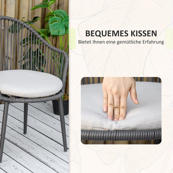 Outsunny 3-teilige Rattan Gartenmöbel-Set Sitzgruppe, Gartengarnitur mit 2 Gartenstühlen, Beistelltisch mit Hartglasplatte, Kissen, für Balkon, Terrasse, Stahl, Dunkelgrau