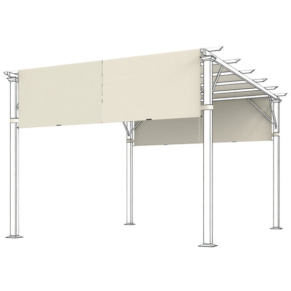 Pergola mit hellen Seitenteilen als Sonnen- und Windschutz, technische Zeichnung.