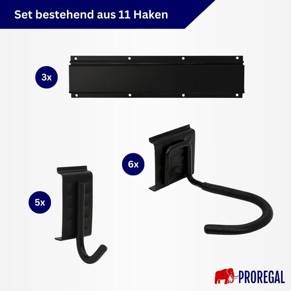 Proregal Set bestehend aus drei Wandleisten und elf Gerätehaltern sowie Wandhaken zur Werkstattorganisation