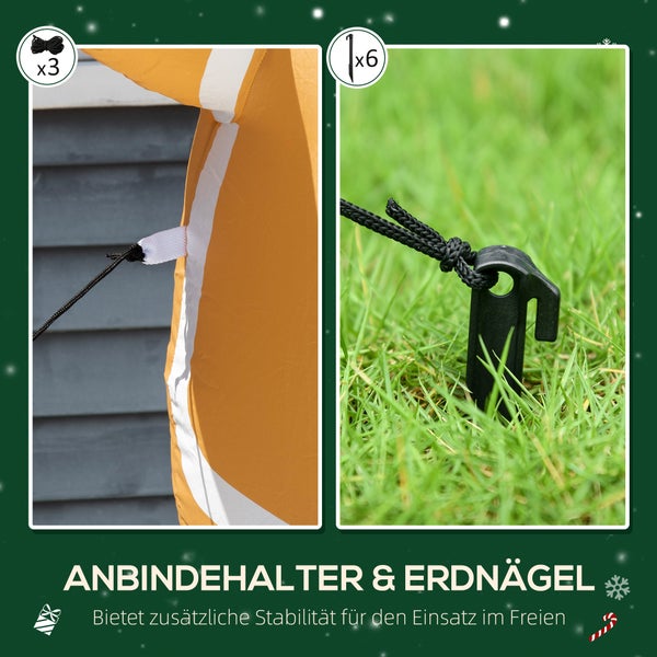 Befestigungsset für aufblasbare Außendekorationen mit drei Schnüren und sechs Erdnägeln für zusätzliche Stabilität im Freien.