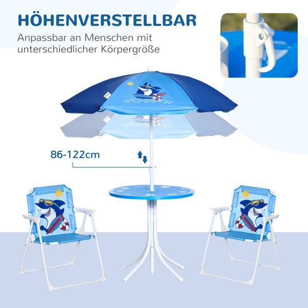 Outsunny 4tlg. Kindersitzgruppe, Gartentisch mit 2 Klappstühle, für 3-6 Jahre, Ø49,5 x 50H cm, Metall, Polyester, Blau