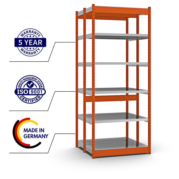 PROREGAL Fachbodenregal Stecksystem Vierkant-Profil Grundregal HxBxT 250 x 102,5 x 40 cm 2x6 Ebenen Doppelseitige Bauart Fachlast 200 kg Orange