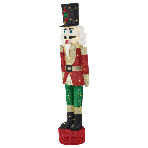 LED-Weihnachtsfigur Nussknacker aus glitzerndem Textilgewebe in Rot, Grün und Gold mit Beleuchtung.