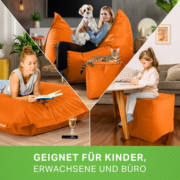 Green Bean 2er Set XXL Sitzsack inkl. Pouf fertig befüllt mit EPS-Perlen - Riesensitzsack 140x180 Lounge Sitz-Kissen Bean-Bag Chair  - Orange