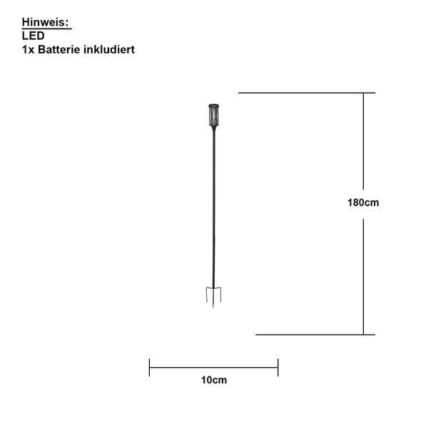 Technische Zeichnung einer LED Gartenleuchte mit den Maßen 180 cm Höhe und 10 cm Breite. Eine Batterie ist enthalten.