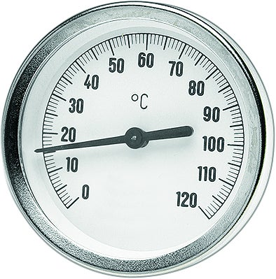 Analoges Bimetall-Thermometer für Heizungsanlagen, Messbereich 0 bis 120 Grad Celsius.