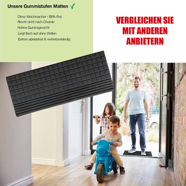 Gummistufenmatte mit rutschfester Oberfläche vor Hauseingang mit spielenden Kindern