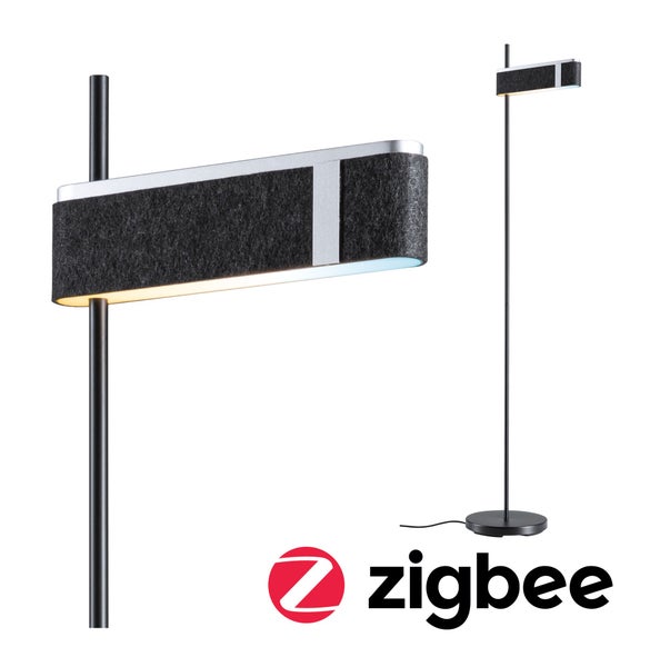 Stehleuchte mit Stoffschirm und Zigbee Logo
