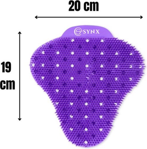 Lila Urinalmatte mit Noppen und den Maßen 20 mal 19 Zentimeter.