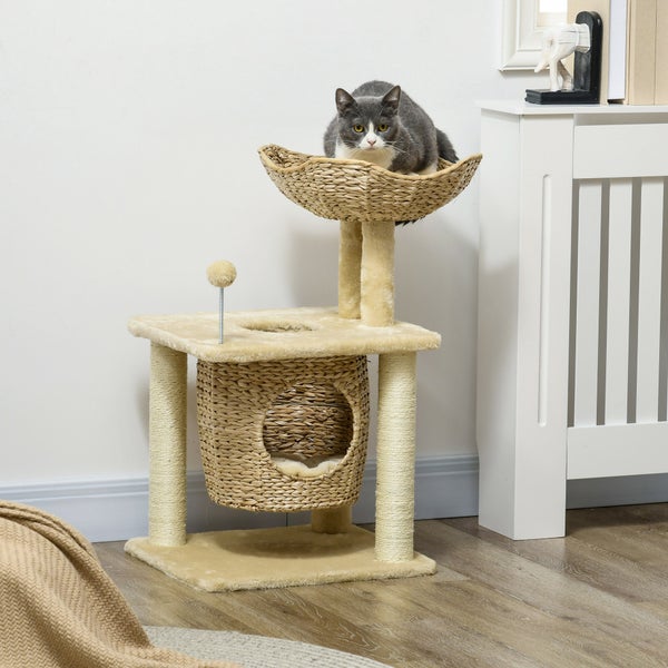 PawHut Katzen Kratzbaum Klein, 74 cm Katzenbaum mit Katzenhöhle, Spielball, Indoor Kletterturm mit Bett, Kratzmöbel für Katzen bis 5 kg, Beige