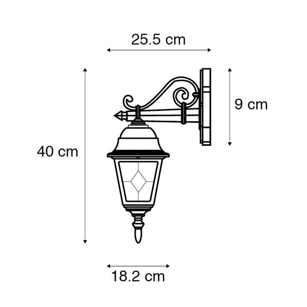 Abmessungen Außenwandleuchte: Höhe 40 Zentimeter, Tiefe 25,5 Zentimeter, Breite 18,2 Zentimeter, Wandhalterung 9 Zentimeter.