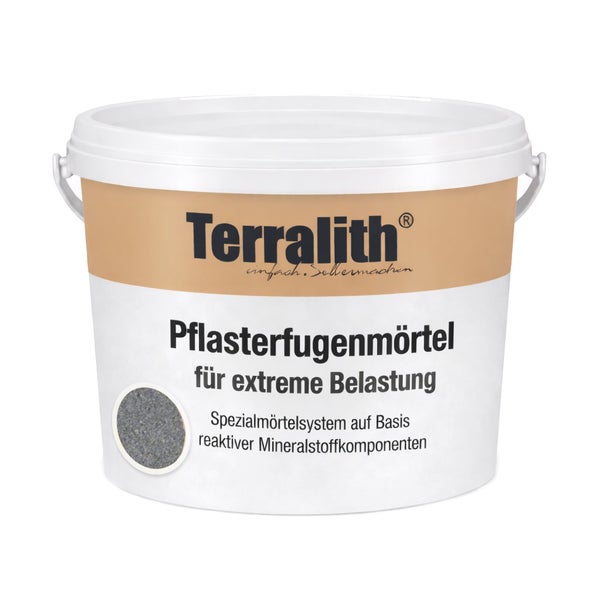 Terralith Pflasterfugenmörtel für extreme Belastung im weißen Kunststoffeimer, Spezialmörtelsystem auf Basis reaktiver Mineralstoffkomponenten.