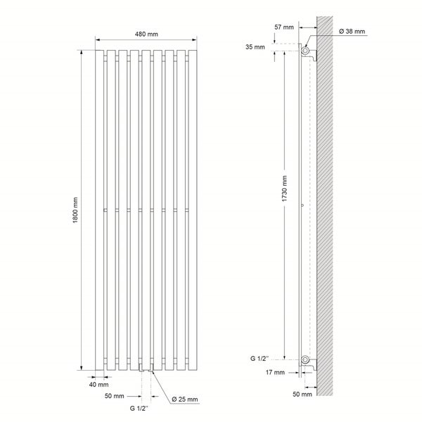 ECD Germany Design Badheizkörper Paneelheizkörper Stella - 480 x 1800 mm - Anthrazit - Heizkörper Handtuchwärmer Handtuchtrockner