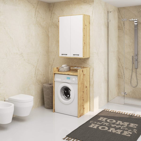 Modernes Badezimmer mit Waschmaschine, Waschbecken, Toilette und Duschkabine