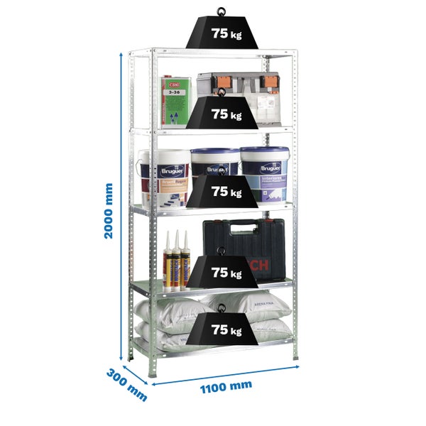 Metallregal verzinkt, 2000 Millimeter Höhe, 1100 Millimeter Breite, 300 Millimeter Tiefe, Traglast 75 Kilogramm pro Fachboden.