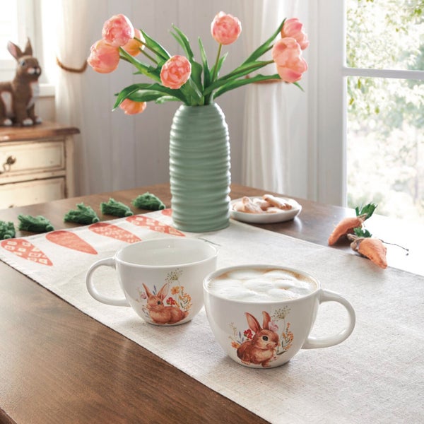 FRANK FLECHTWAREN|Jumbotasse Blumenhäschen, 2er Set, Ø 11 x 7 cm, Füllmenge 430 ml, PORZELLAN