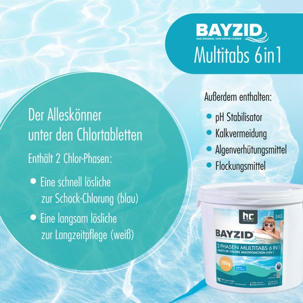 Flüssiges Chlor zur Poolreinigung in blauen und weißen Behältern