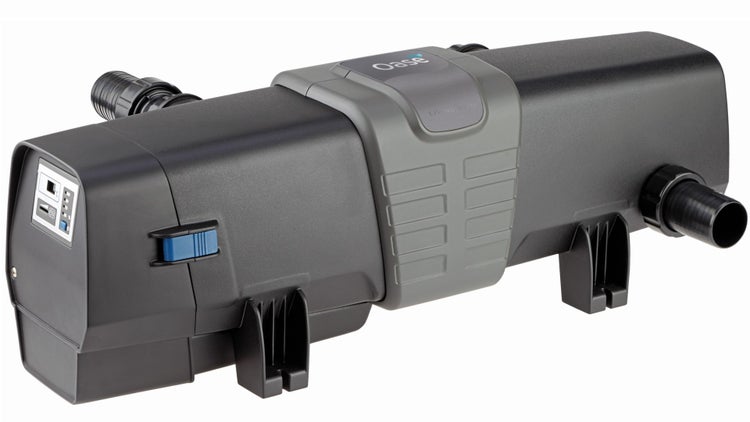 Oase UVC-Vorklärgerät Bitron Eco aus Kunststoff für die Teichwasserreinigung mit Anschlüssen und Display.