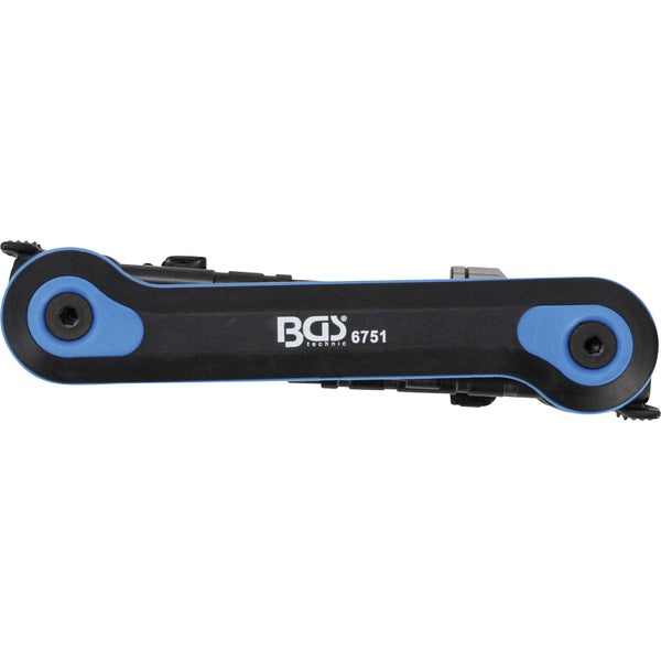 Klappbarer Innensechskant-Schlüsselsatz BGS Technic 6751 mit schwarzem Kunststoffgriff und blauen Akzenten.