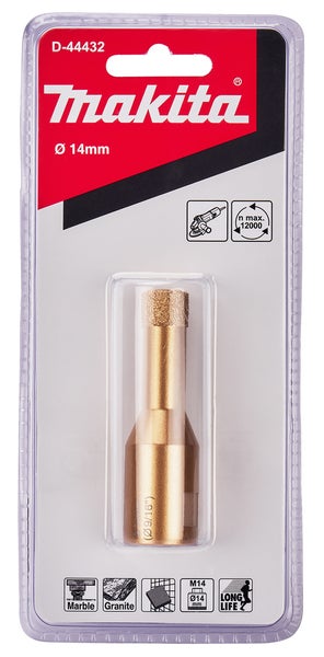 Makita Diamantbohrer Durchmesser 14 Millimeter für Winkelschleifer, Marmor, Granit und Fliesen, M14 Gewinde, maximal 12000 Umdrehungen pro Minute.