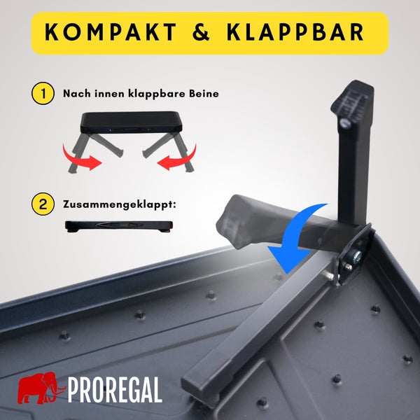 Klappbarer Tritthocker von Proregal mit nach innen klappbaren Beinen für eine platzsparende Aufbewahrung. Proregal Logo.