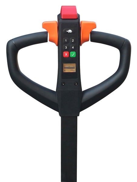 Deichselkopf eines elektrischen Hubwagens mit ergonomischen Griffen, PIN-Code-Tastatur und Display.